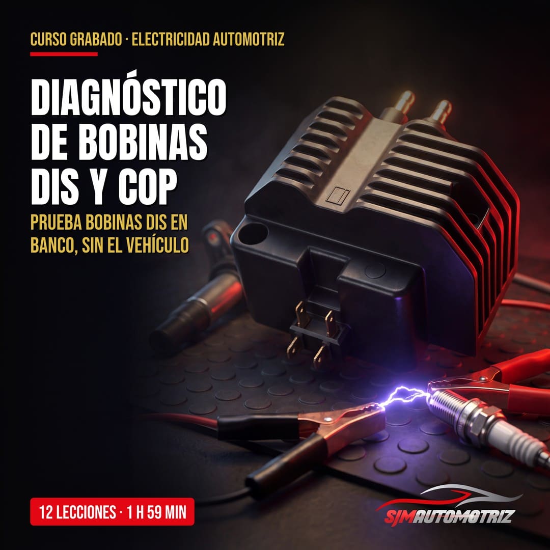 Curso Diagnóstico de Bobinas de Encendido DIS y COP – paquete de bobinas DIS con disipador y chispa en una bujía sobre el banco de pruebas – SJM Automotriz